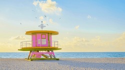 Lifeguard Hut On The Beach In Miami Florida, Colorful Hut On The Beach During Sunrise Miami South Beach. Sunny Day On The Beach