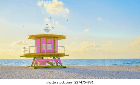 Lifeguard hut on the beach in Miami Florida, colorful hut on the beach during sunrise Miami South Beach. Sunny day on the beach - Powered by Shutterstock