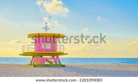 Lifeguard hut on the beach in Miami Florida, colorful hut on the beach during sunrise Miami South Beach. Sunny day on the beach