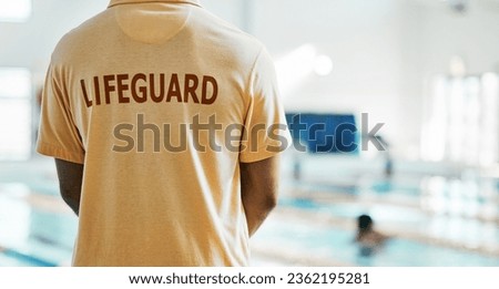 Lifeguard safety, swimming pool and back of person ready for job, rescue support or helping with danger, security or life saving. Mockup space, public worker and first aid expert for protection care