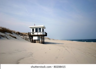 Lifeguard shed standing idle through a New Jersey winter.