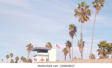 Lifeguard Stand, Life Guard Tower Hut, Surfing Safety On California Beach, USA. Summer Pacific Ocean Aesthetic. Rescue Station, Coast Lifesavers Wachtower Or House, Palm Trees, Ocean Beach, San Diego.