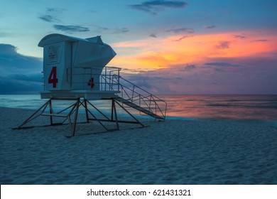 Lifeguard Stand On Beach At Sunrise