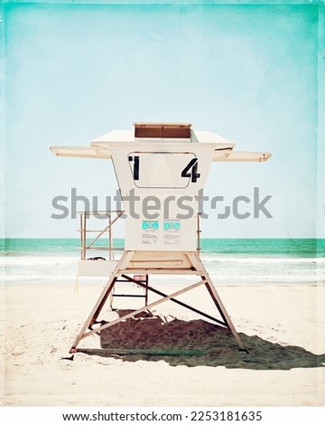 Lifeguard stand photography with the number 14 on it.  Aqua blue, beige and white beach photograph.