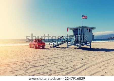 Lifeguard Tower and car on Manhattan Beach in Los Angeles, California
