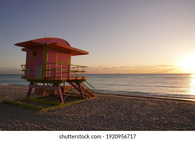 Lifeguard Tower At Miami Beach Just Right At Dawn.