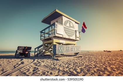 Lifeguard Tower On The Beach, Miami Beach, Florida. Low Angle View