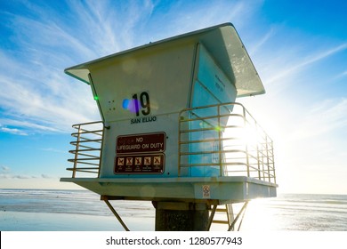 lifeguard tower on the beach, on San Elijo State Beach in Cardiff, California, located in San Diego County.