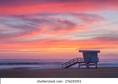 Lifeguard Tower on the Beach at Sunset during the Summer
