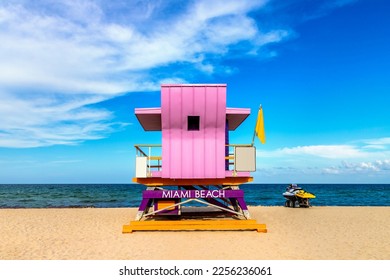 Lifeguard tower in South beach, Miami Beach in a sunny day, Florida