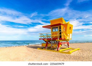 Lifeguard tower in South beach, Miami Beach in a sunny day, Florida - Powered by Shutterstock