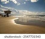 lifeguard tower at sunset, Sandy beach in Haifa, Israel. Infrastructure of Carmel Beach in Haifa.