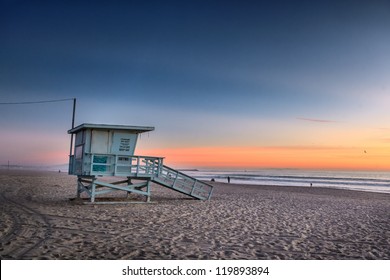 Lifeguard Tower At Venice Beach, California At Sunset.