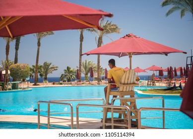 
lifeguard watching campers on the tower by the pool - Powered by Shutterstock