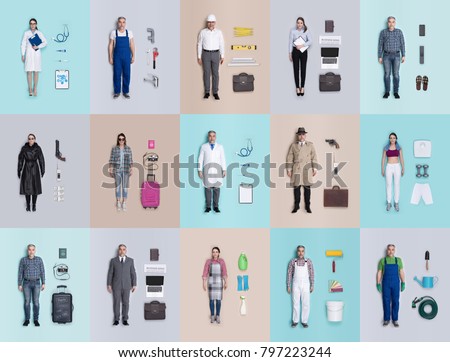 Lifelike male and female human dolls collection with different outfits and accessories, professional occupations and leisure activities, flat lay