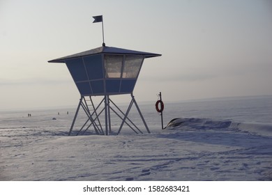 The Lifesaver Post In The Nalikari Beach In Finland During Winter.