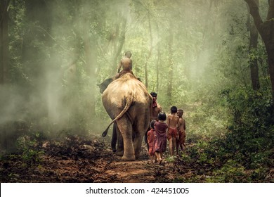 Lifestyfe an elephant and mahout with children traveling on foot - Powered by Shutterstock