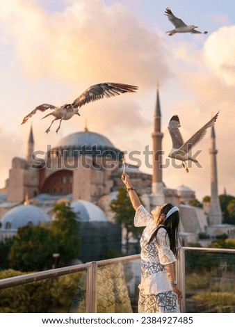 Lifestyle, Asian woman tourist feeding seagulls at view point in vacation. There is a Hagia Sophia or Ayasofya Mosque in background in a blur. Popular tourist destination. Istanbul, Turkiye, Turkey.
