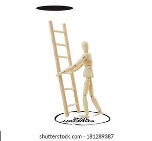 Lifestyle Change Comfort Zone Circle Climbing Ladder Getting Out Through Black Hole In Ceiling Isolated On White Background