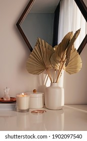 Lifestyle Composition In Neutral Tones. Modern Trendy Interior Details. Burning Candle, Home Decor, Feminine Accessories