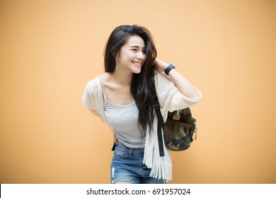 Lifestyle Fashion Portrait Of Young Stylish Hipster Asia Woman Walking On Street