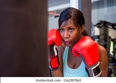 lifestyle indoors portrait of young attractive and beautiful determined black afro American woman in gym training sweaty on heavy bag punching with boxing gloves at fitness club  - Powered by Shutterstock