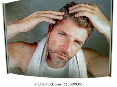 Lifestyle Isolated Portrait Of Attractive Worried And Concerned Caucasian Man Looking At Bathroom Mirror Finding Gray Hair Frustrated In Unhappy Aging Getting Grey Hairs And Body Care Concept