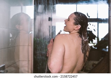 Lifestyle Moments Of A Young Woman At Home. Woman Taking A Shower In The Morning