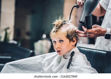 Lifestyle Photo Barber Shop Blond Boy Customer. Hairdresser Man Work Move Hand Comb Tool Scissors Dryer Clip White Cape. Modern Style Kid Short Hair Cut. Fashion Business Service For Children