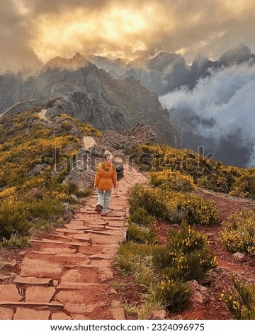 Image, Stock Photo Hiking path and epic landscape of Seceda peak in Dolomites Alps, Odle mountain range, South Tyrol, Italy, Europe