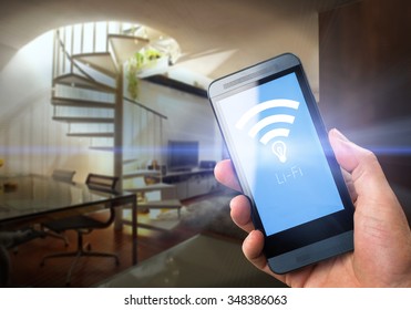 Li-Fi W-Lan technology, internet and networking concept - Young man activates Li-Fi High speed connection