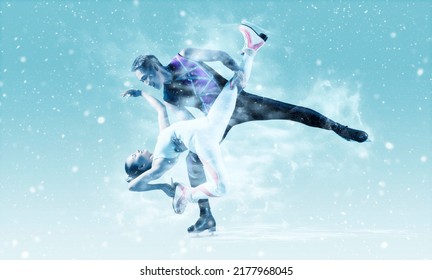 Lift. Duo Figure Skating In Action On Snow Background. Sports Banner