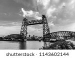 Liftbridge Koningshavenbridge De Hef in Rotterdam. Black-white photo.