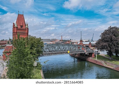 The lifting bridge, actually called the Marstall Bridge, over the Trave River near the Burgtor gate in the old town of Lübeck.