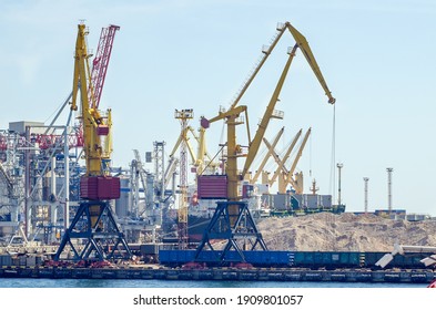 Lifting Harbor Cranes, Shipping Containers And Granaries In The Cargo Seaport.