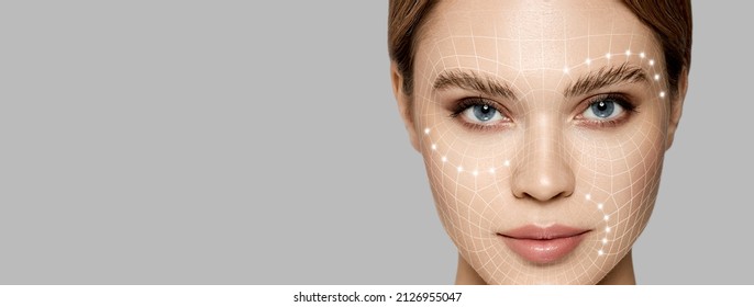 Lifting lines, advertising of face contour correction, female face skin lifting. Facial rejuvenation concept, cosmetology - Shutterstock ID 2126955047