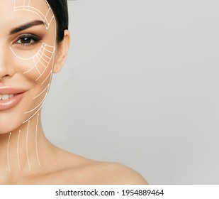 Lifting skin. Lifting lines on half of a woman's face, advertising of face contour correction, skin and neck lifting. Facial rejuvenation concept - Shutterstock ID 1954889464