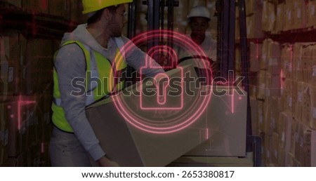 Lifting warehouse worker moving boxes using forklift in aisle, digital lock overlay, copy space. Industrial, logistics, security, operational, safety, technology, storage