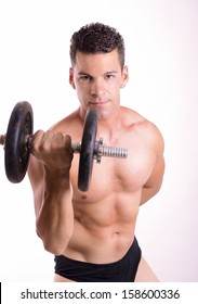 Lifting Weights Tough Guy On In Studio Shot 