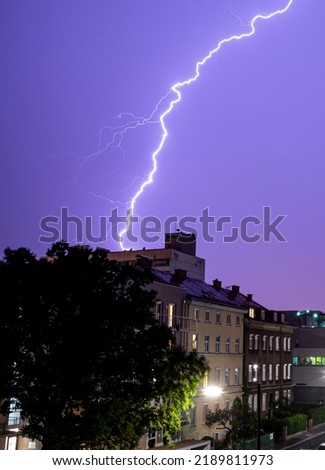 Lighning bolt over night sky in central Europe.