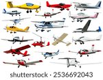 A lot of light aircraft: gyroplanes and gliders isolated on white background