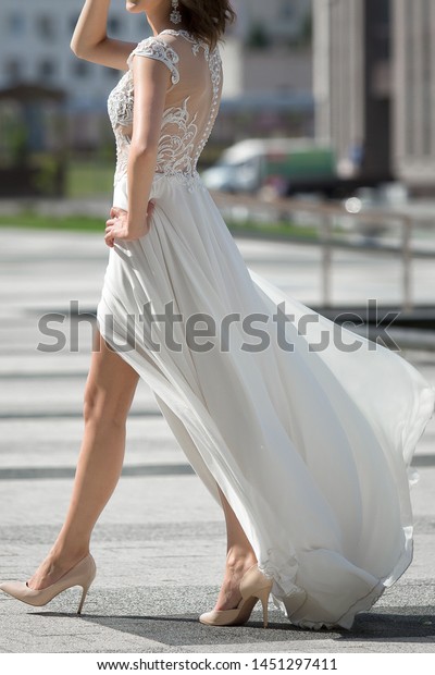 Light Airy Wedding Dress Slit Legs Stock Photo Edit Now 1451297411