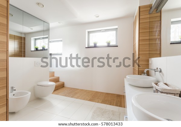 Light Bathroom Toilet Two Sinks Wide Stock Image Download Now