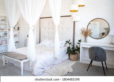 Light bedroom with curtains in modern scandinavian style