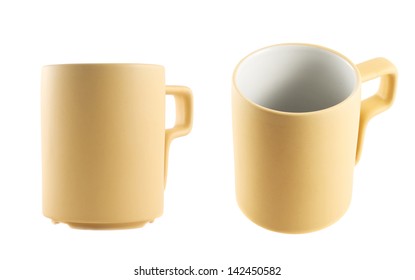 Light beige ceramic cup with handle isolated over white background, set of two foreshortenings - Shutterstock ID 142450582