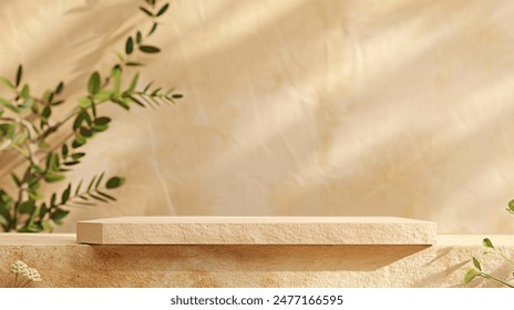 light beige marble stone podium stand for cosmetics and product display on abstract beige background with flowers and green leaves