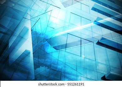 Light Blue Background Of Glass High Rise Building Skyscraper Commercial Modern City Of Future. Business Concept Of Success Industry Tech Architecture