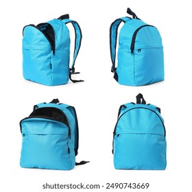 Light blue backpack isolated on white, view from different sides - Powered by Shutterstock