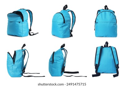 Light blue backpack isolated on white, view from different sides - Powered by Shutterstock