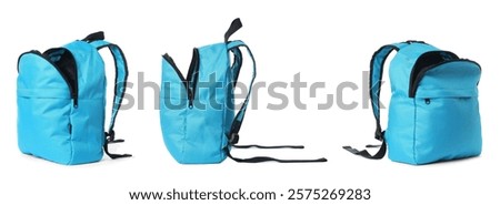 Light blue backpack isolated on white, collage. Different sides